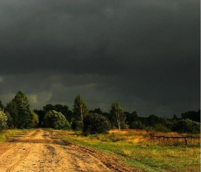Dark sky on dirt road with trees 